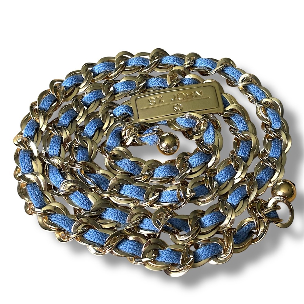 RARE St. John Chain Belt | Sky Blue Knit Gold Statement Designer